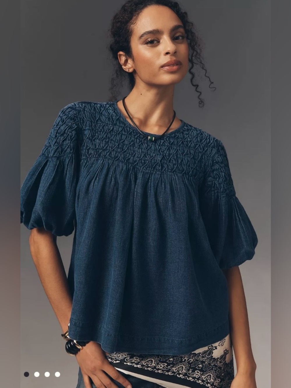 Anthropologie Navy Smocked Yoke Puff-Sleeve Blouse